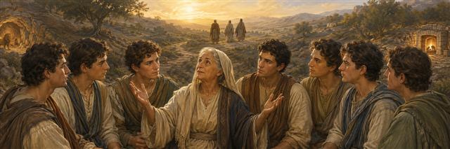 A mother exhorts her seven sons while a dawn-lit path evokes the faithful patriarchs who came before them